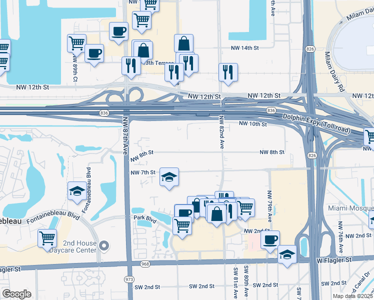 map of restaurants, bars, coffee shops, grocery stores, and more near 8340 Northwest 10th Street in Miami