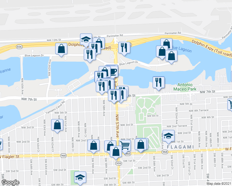 map of restaurants, bars, coffee shops, grocery stores, and more near N Red Rd in Miami