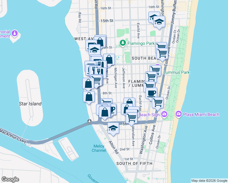 map of restaurants, bars, coffee shops, grocery stores, and more near 1005 8th Street in Miami Beach