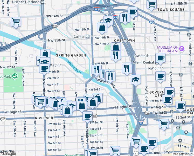 map of restaurants, bars, coffee shops, grocery stores, and more near 540 Northwest 7th Avenue in Miami