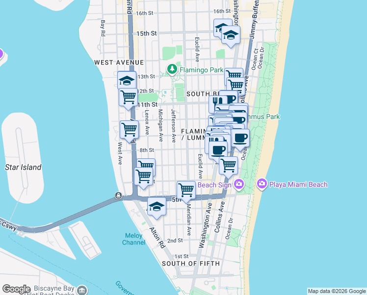 map of restaurants, bars, coffee shops, grocery stores, and more near 835 Meridian Avenue in Miami Beach