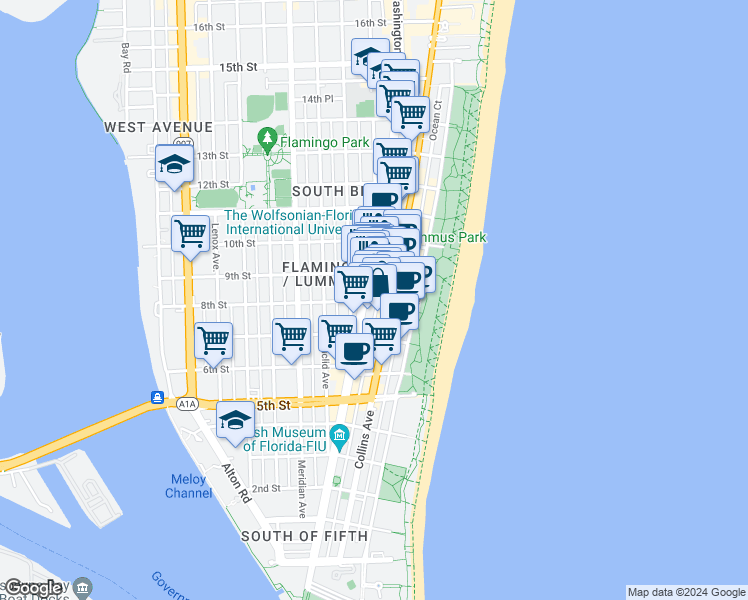 map of restaurants, bars, coffee shops, grocery stores, and more near 820 Jimmy Buffett Memorial Highway in Miami Beach