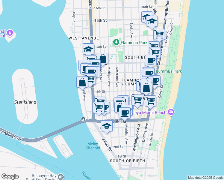 map of restaurants, bars, coffee shops, grocery stores, and more near 840 Jefferson Avenue in Miami Beach