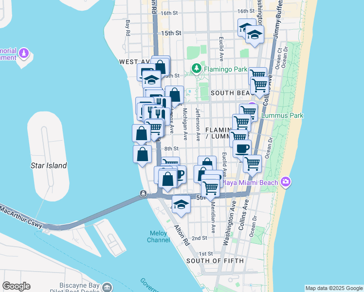 map of restaurants, bars, coffee shops, grocery stores, and more near in Miami Beach