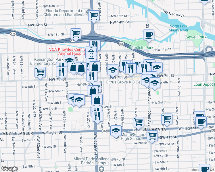 map of restaurants, bars, coffee shops, grocery stores, and more near 632 Northwest 25th Court in Miami