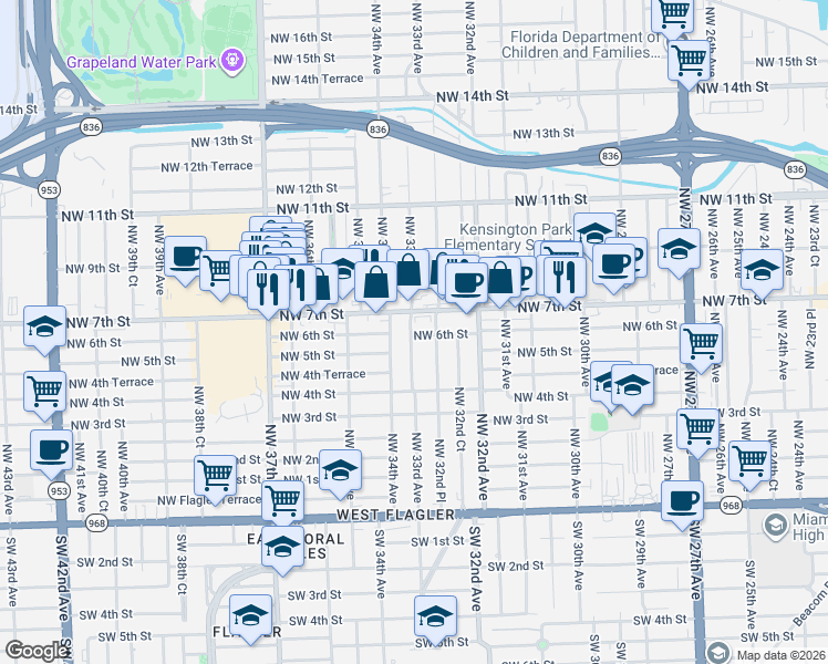 map of restaurants, bars, coffee shops, grocery stores, and more near 3299 Northwest 7th Street in Miami