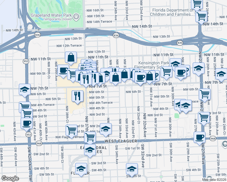 map of restaurants, bars, coffee shops, grocery stores, and more near 3440 Northwest 7th Street in Miami