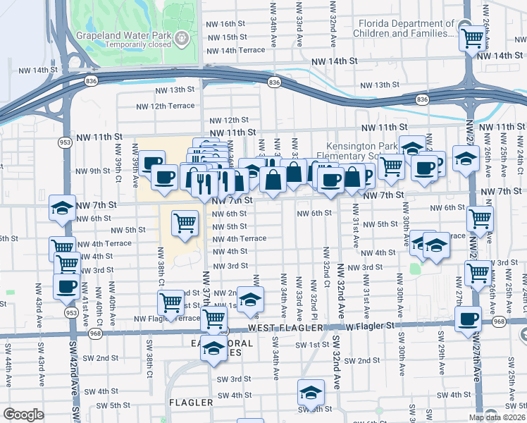 map of restaurants, bars, coffee shops, grocery stores, and more near 3440 Northwest 7th Street in Miami