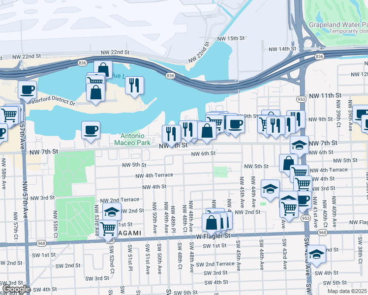 map of restaurants, bars, coffee shops, grocery stores, and more near 4841 Northwest 7th Street in Miami
