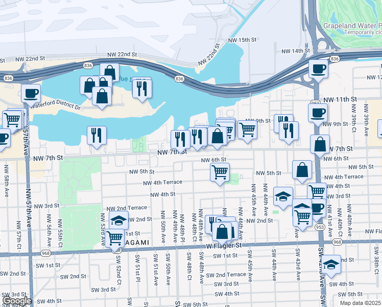map of restaurants, bars, coffee shops, grocery stores, and more near 4841 Northwest 7th Street in Miami