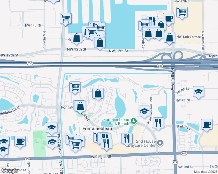 map of restaurants, bars, coffee shops, grocery stores, and more near 9603 Fontainebleau Boulevard in Miami