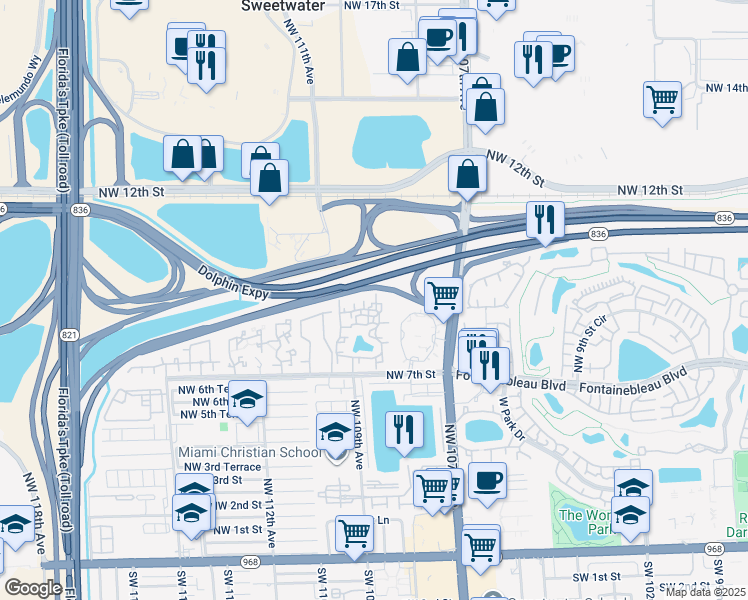 map of restaurants, bars, coffee shops, grocery stores, and more near 10843 Northwest 7th Street in Miami