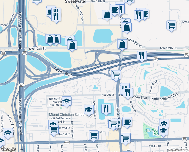 map of restaurants, bars, coffee shops, grocery stores, and more near 10843 Northwest 7th Street in Miami