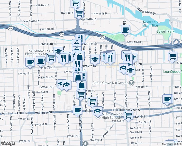 map of restaurants, bars, coffee shops, grocery stores, and more near 619 Northwest 25th Avenue in Miami