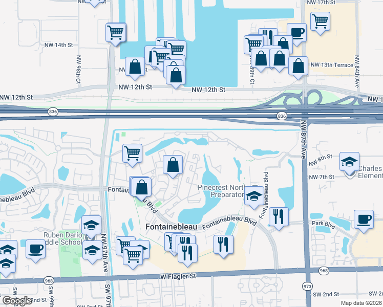 map of restaurants, bars, coffee shops, grocery stores, and more near 9603 Fontainebleau Boulevard in Miami