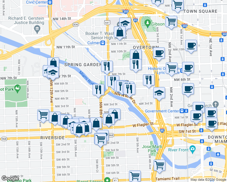 map of restaurants, bars, coffee shops, grocery stores, and more near 668 Northwest 5th Street in Miami