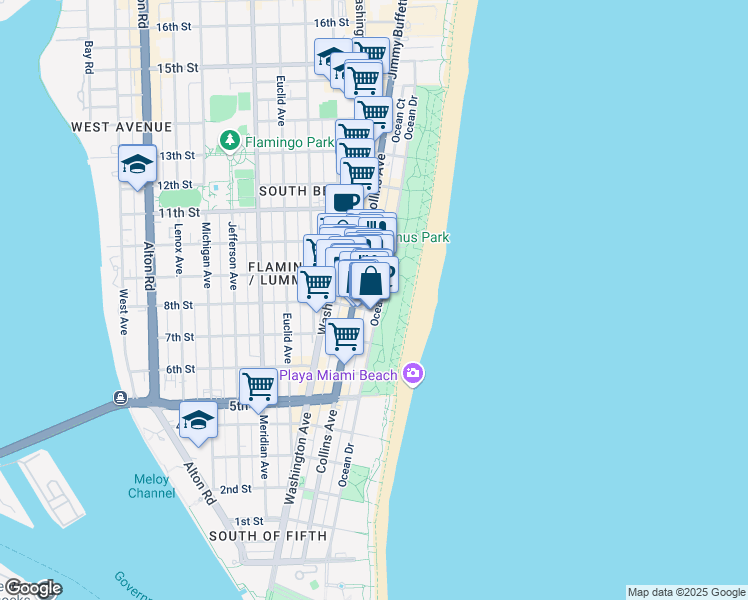 map of restaurants, bars, coffee shops, grocery stores, and more near 820 Ocean Drive in Miami Beach