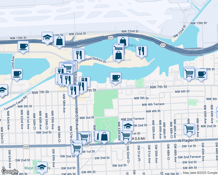 map of restaurants, bars, coffee shops, grocery stores, and more near 5375 Northwest 7th Street in Miami