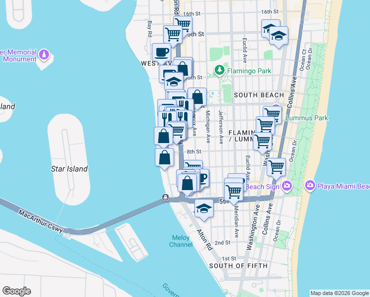 map of restaurants, bars, coffee shops, grocery stores, and more near 835 Alton Road in Miami Beach