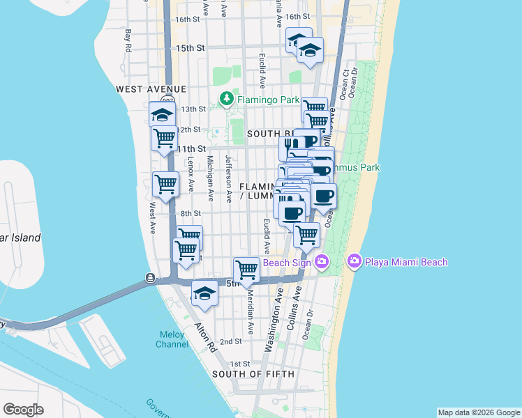 map of restaurants, bars, coffee shops, grocery stores, and more near in Miami Beach
