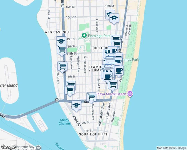 map of restaurants, bars, coffee shops, grocery stores, and more near in Miami Beach