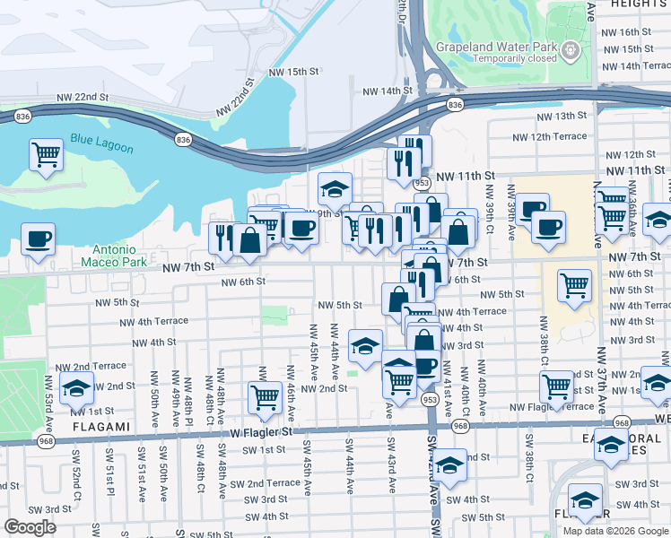 map of restaurants, bars, coffee shops, grocery stores, and more near 4387 Northwest 7th Street in Miami