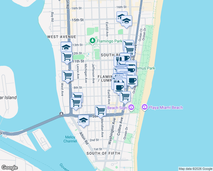 map of restaurants, bars, coffee shops, grocery stores, and more near 835 Meridian Avenue in Miami Beach