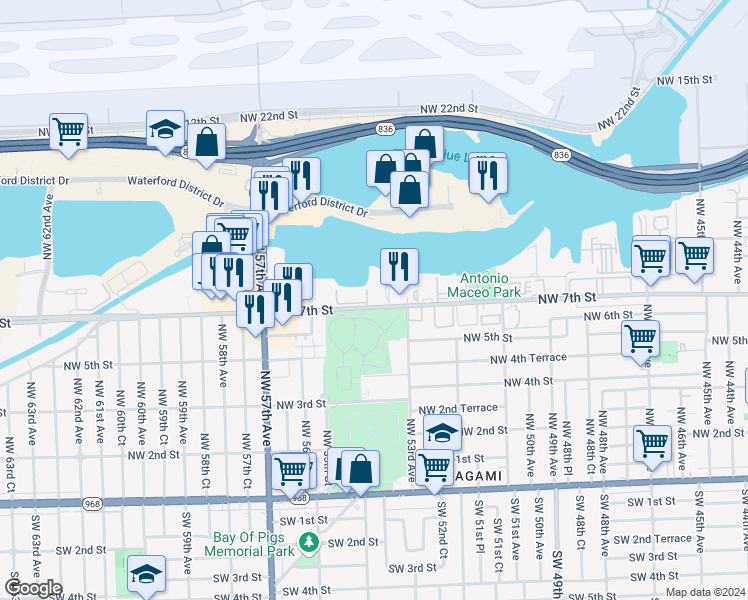 map of restaurants, bars, coffee shops, grocery stores, and more near 5453 Northwest 7th Street in Miami