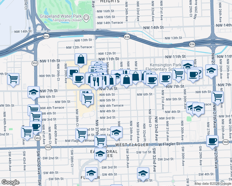 map of restaurants, bars, coffee shops, grocery stores, and more near 3500 Northwest 7th Street in Miami