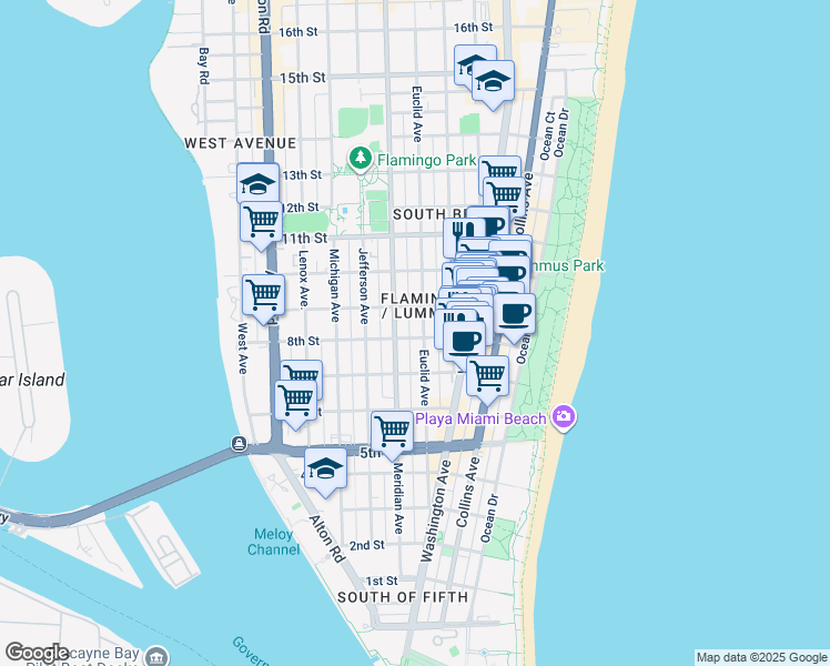 map of restaurants, bars, coffee shops, grocery stores, and more near in Miami Beach