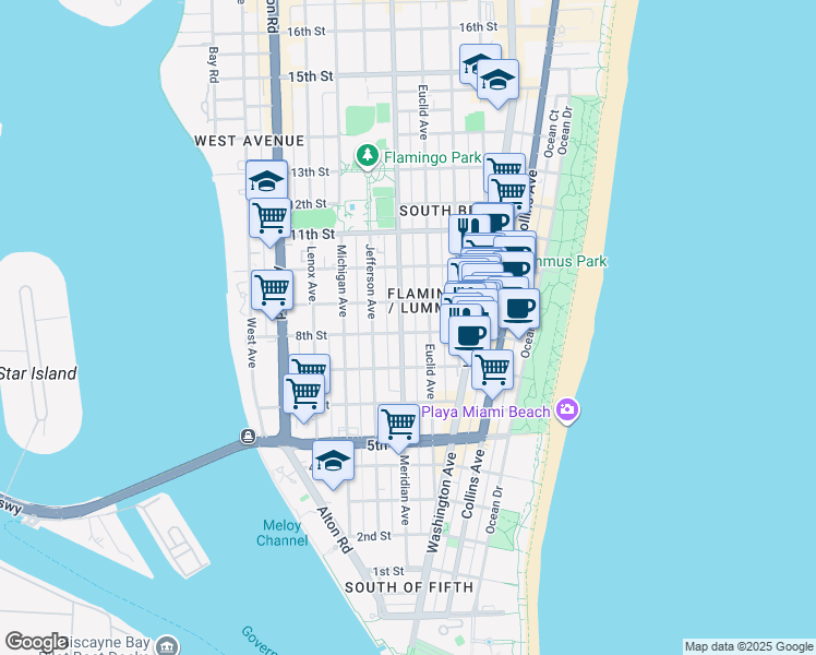map of restaurants, bars, coffee shops, grocery stores, and more near in Miami Beach