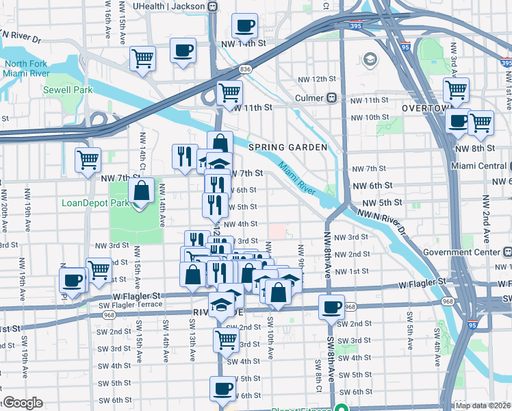 map of restaurants, bars, coffee shops, grocery stores, and more near 1044 Northwest 6th Street in Miami