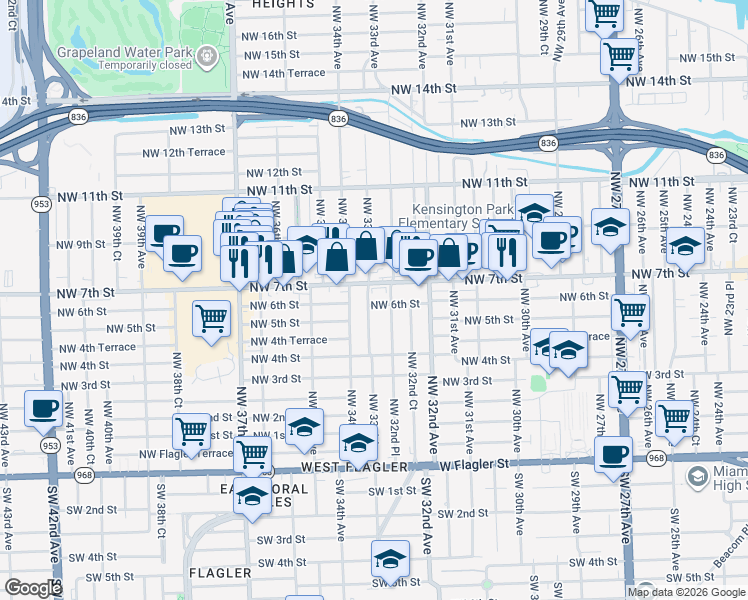 map of restaurants, bars, coffee shops, grocery stores, and more near 3299 Northwest 7th Street in Miami