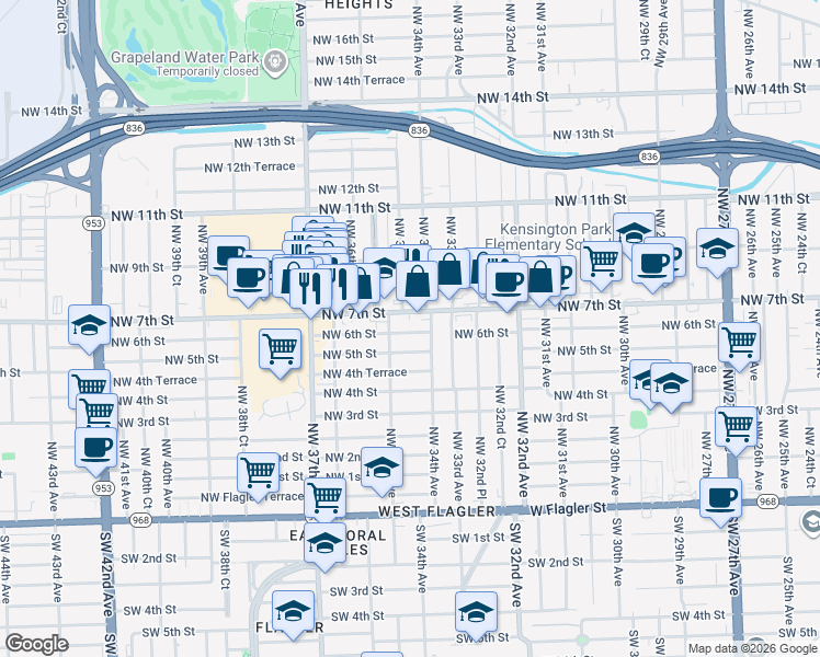 map of restaurants, bars, coffee shops, grocery stores, and more near 3440 Northwest 7th Street in Miami