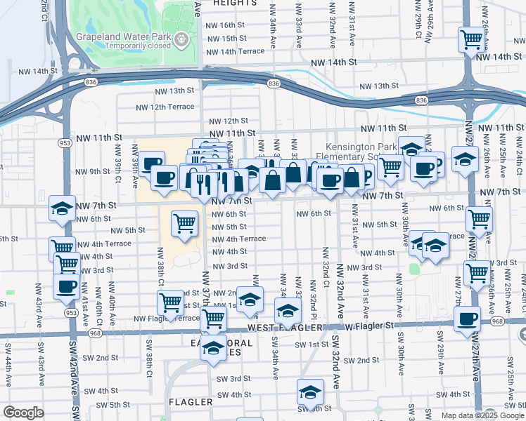 map of restaurants, bars, coffee shops, grocery stores, and more near 3440 Northwest 7th Street in Miami