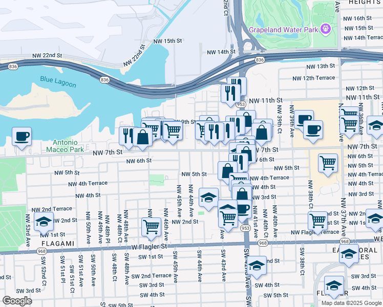 map of restaurants, bars, coffee shops, grocery stores, and more near 4387 Northwest 7th Street in Miami