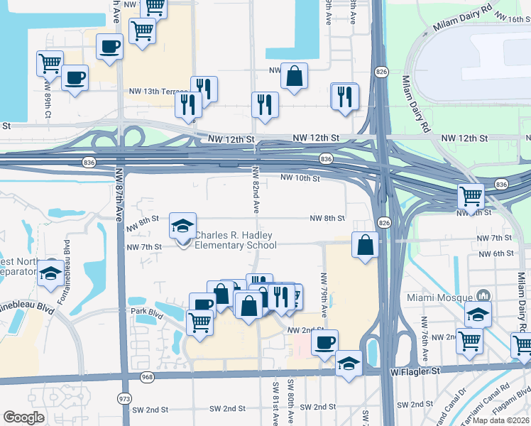 map of restaurants, bars, coffee shops, grocery stores, and more near 8187 Northwest 8th Street in Miami