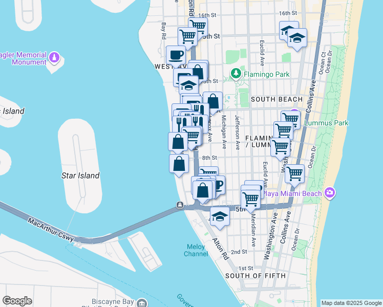 map of restaurants, bars, coffee shops, grocery stores, and more near 835 Alton Road in Miami Beach