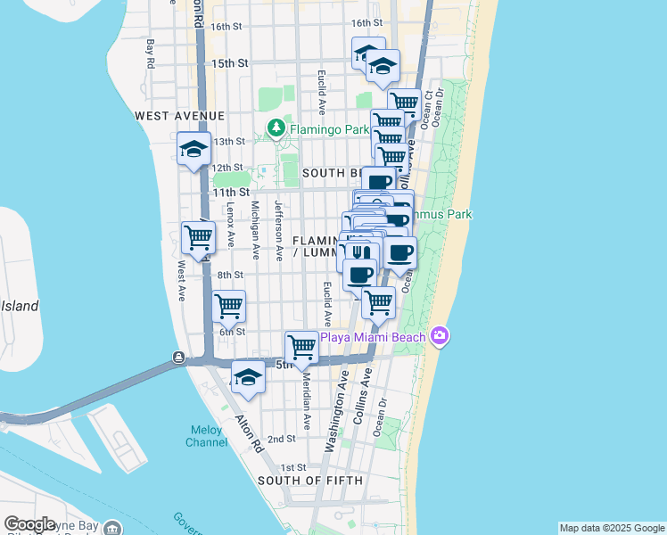 map of restaurants, bars, coffee shops, grocery stores, and more near in Miami Beach