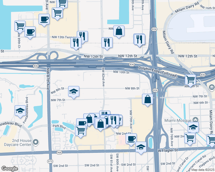 map of restaurants, bars, coffee shops, grocery stores, and more near 8187 Northwest 8th Street in Miami
