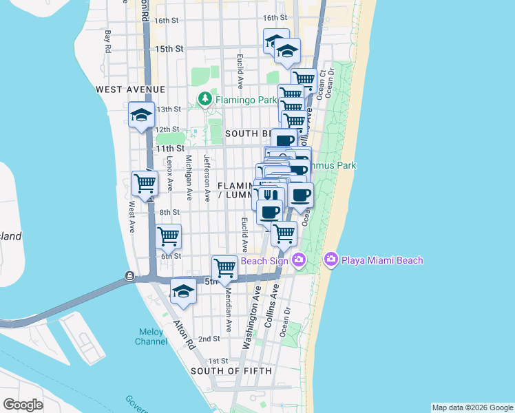 map of restaurants, bars, coffee shops, grocery stores, and more near in Miami Beach