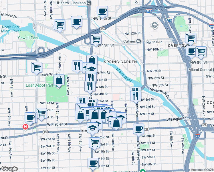 map of restaurants, bars, coffee shops, grocery stores, and more near 1044 Northwest 6 Street in Miami