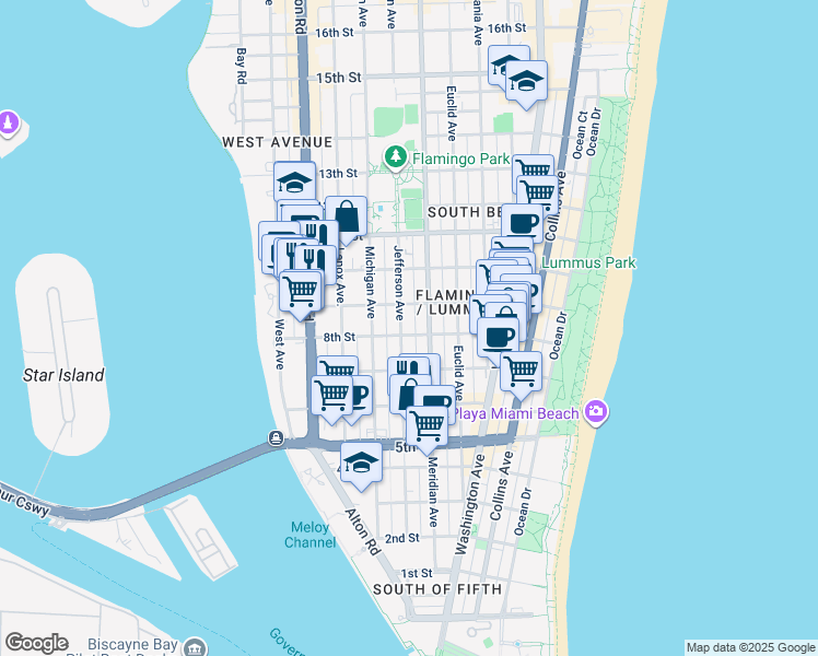 map of restaurants, bars, coffee shops, grocery stores, and more near 840 Jefferson Avenue in Miami Beach