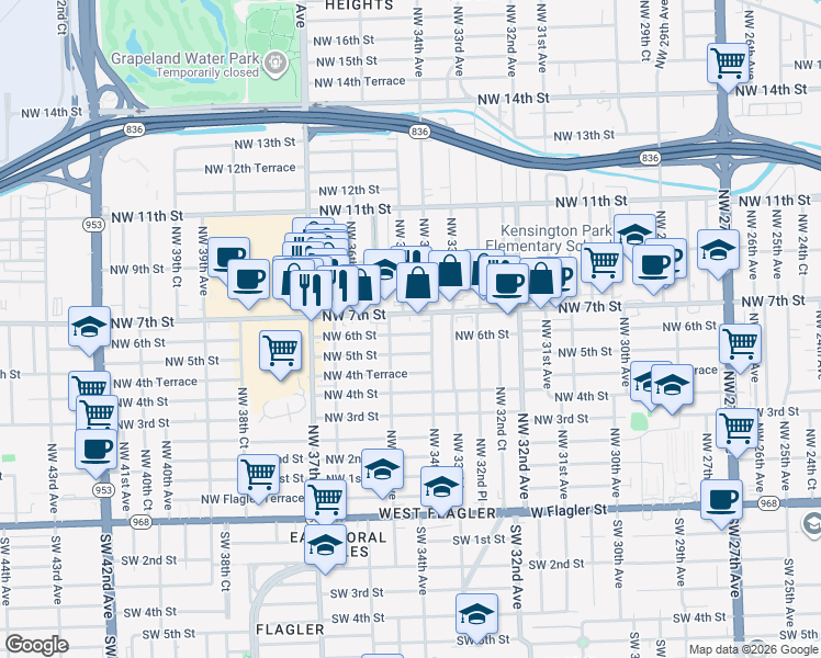 map of restaurants, bars, coffee shops, grocery stores, and more near 3440 Northwest 7th Street in Miami