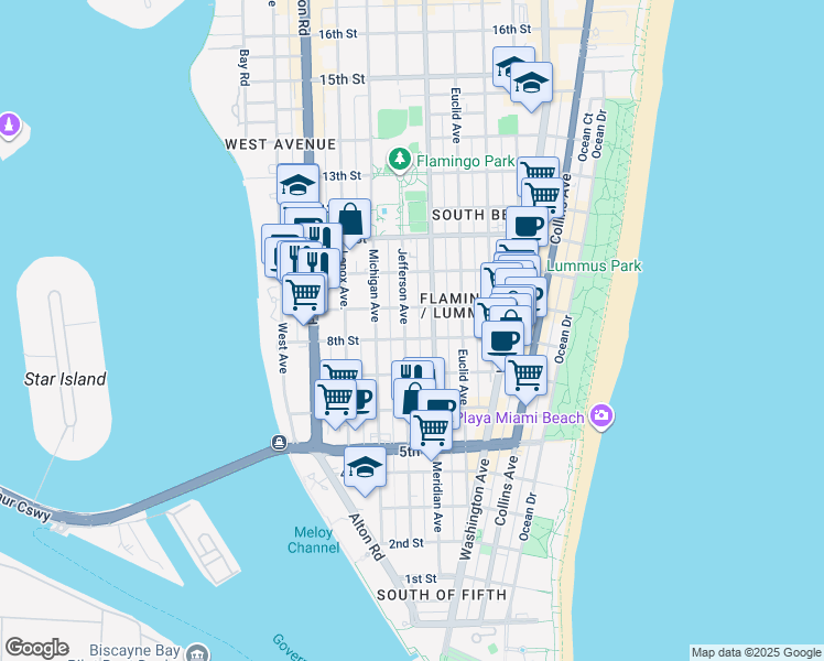 map of restaurants, bars, coffee shops, grocery stores, and more near 840 Jefferson Avenue in Miami Beach