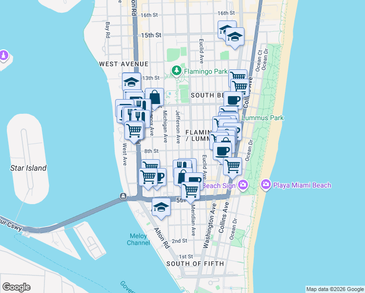 map of restaurants, bars, coffee shops, grocery stores, and more near 811 Jefferson Avenue in Miami Beach