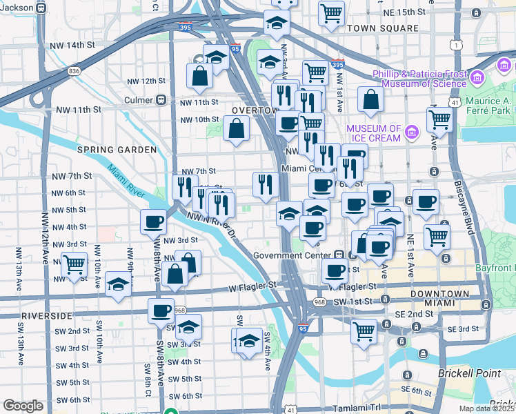 map of restaurants, bars, coffee shops, grocery stores, and more near 423 Northwest 5th Street in Miami