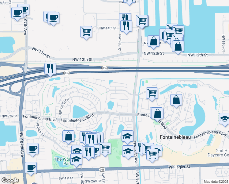 map of restaurants, bars, coffee shops, grocery stores, and more near 9826 Northwest 10th Street in Miami