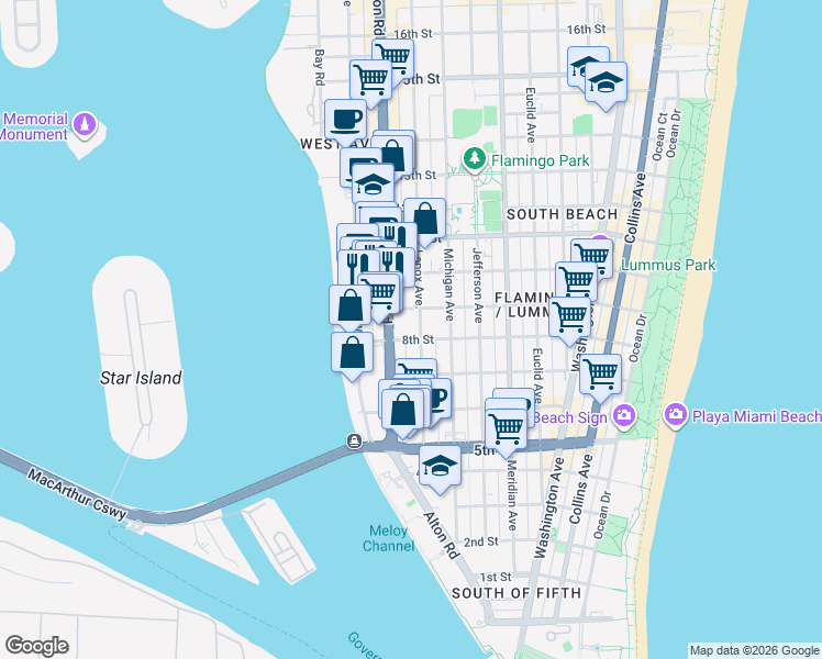 map of restaurants, bars, coffee shops, grocery stores, and more near 835 Alton Road in Miami Beach
