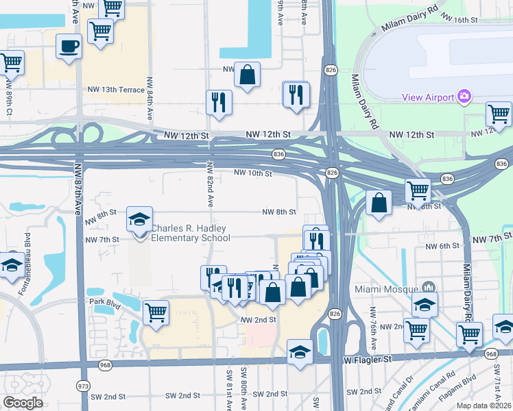 map of restaurants, bars, coffee shops, grocery stores, and more near 8027 Northwest 8th Street in Miami